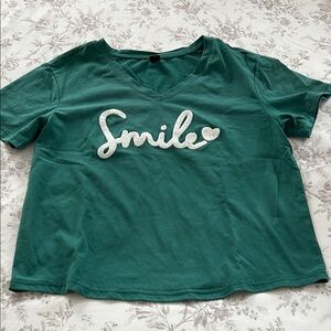 SHEIN Teal 'Smile' V-Neck Tee